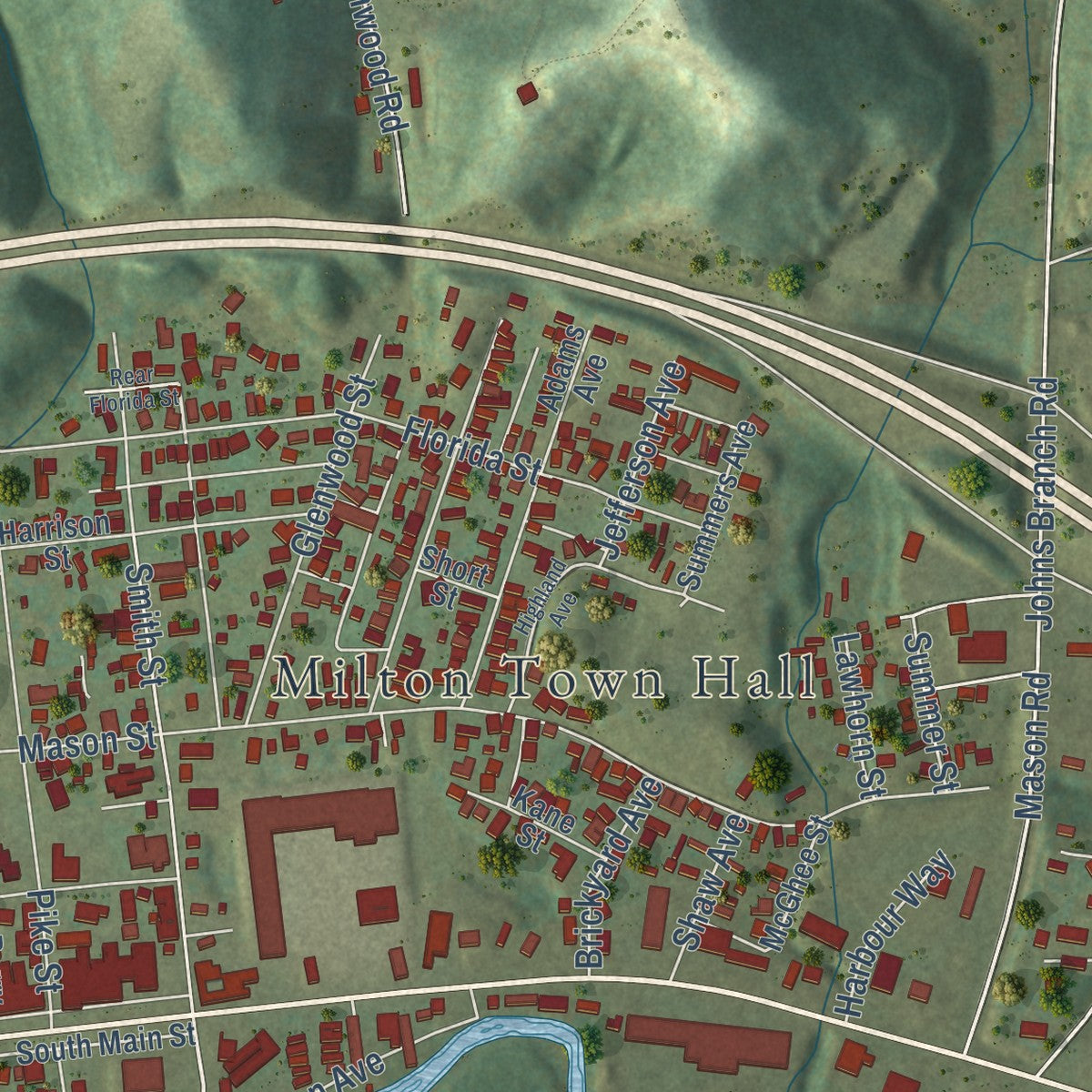Close-up of the map of Milton, West Virginia print showing street and building detail