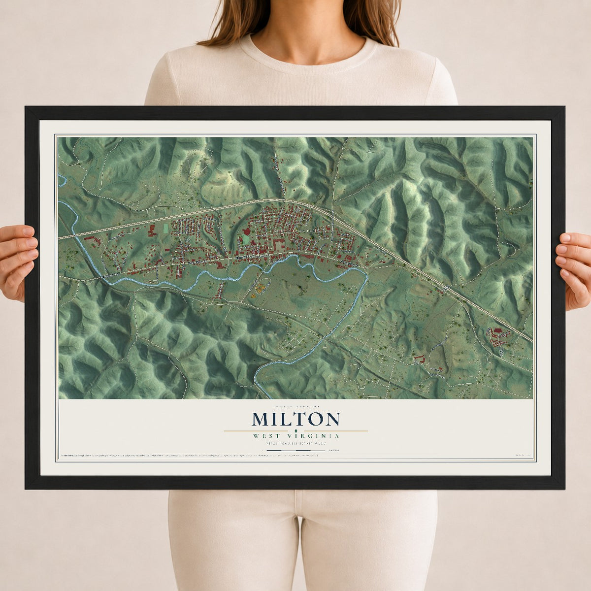 Map of Milton, West Virginia, 18 x 24 inch print in a black wood frame