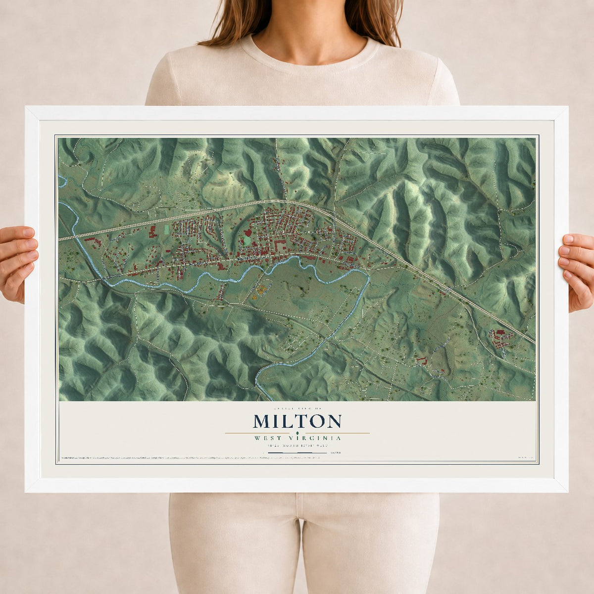 Map of Milton, West Virginia, 18 x 24 inch print in a white wood frame