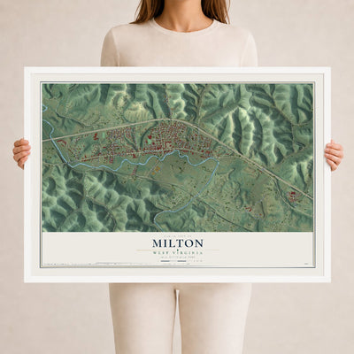 Map of Milton, West Virginia, 24 x 36 inch print in a white wood frame