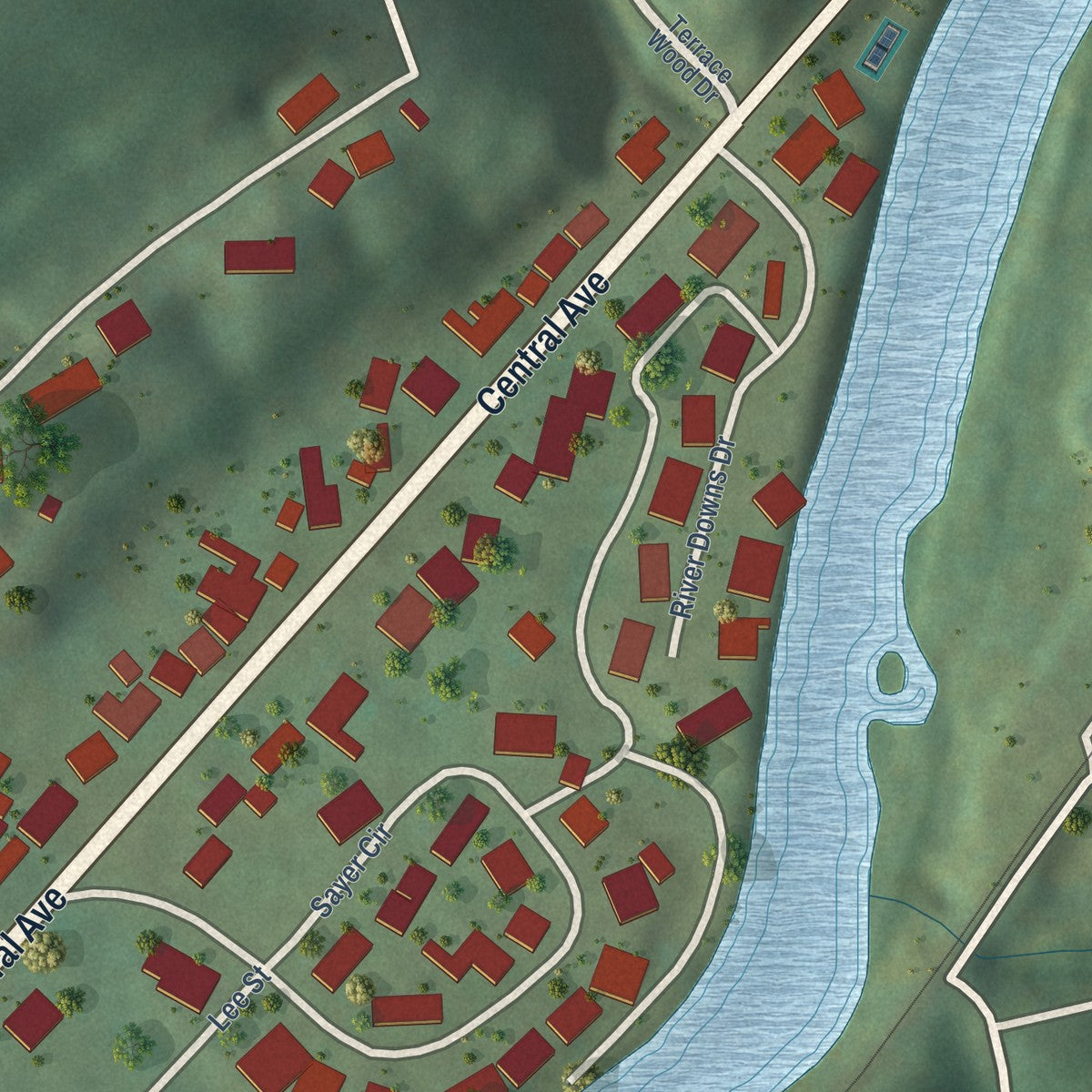 Close-up of the map of Mitchell Heights, West Virginia print showing street and building detail