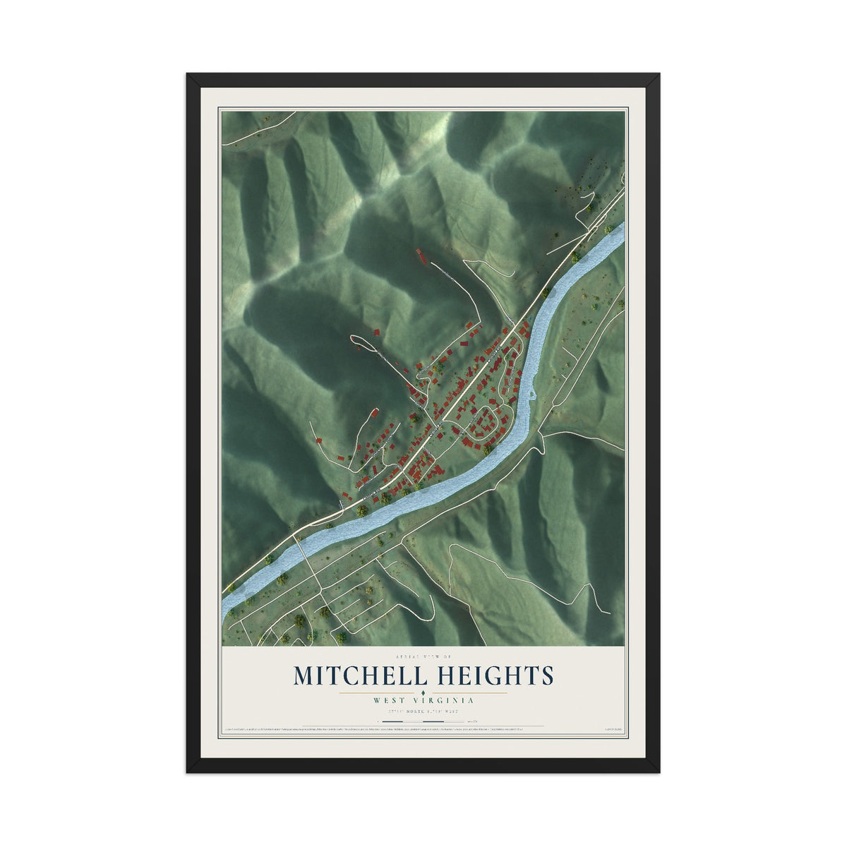 Map of Mitchell Heights, West Virginia, 12 x 18 inch print in a black wood frame