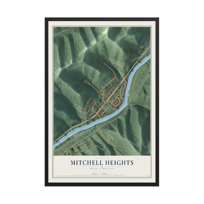 Map of Mitchell Heights, West Virginia, 12 x 18 inch print in a black wood frame