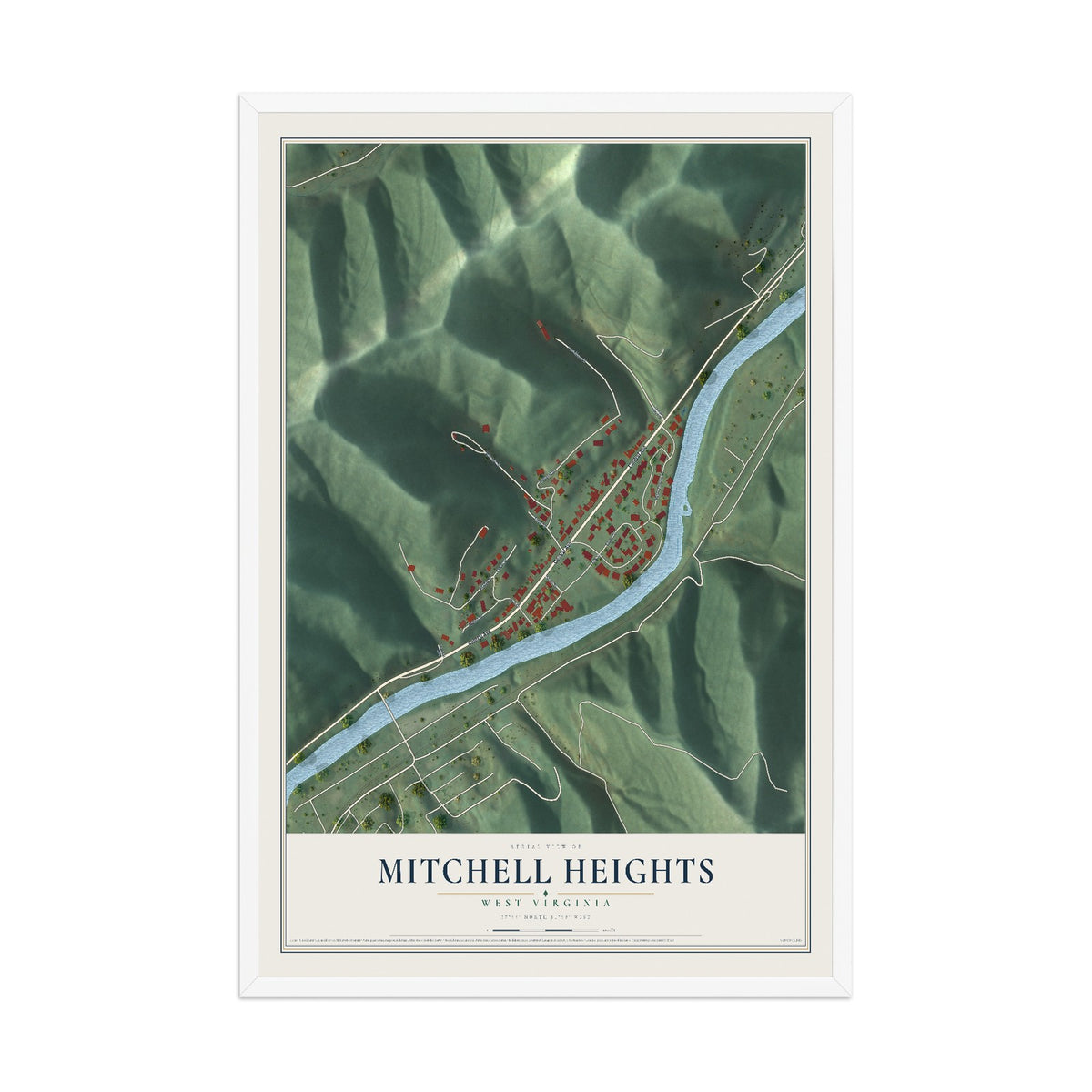 Map of Mitchell Heights, West Virginia, 12 x 18 inch print in a white wood frame