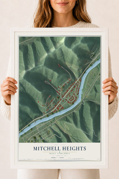Map of Mitchell Heights, West Virginia, 18 x 24 inch print in a white wood frame