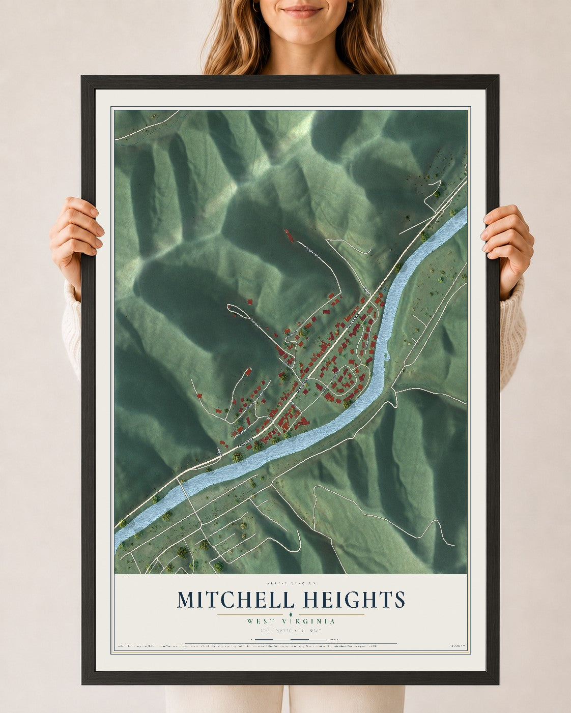 Map of Mitchell Heights, West Virginia, 24 x 36 inch print in a black wood frame