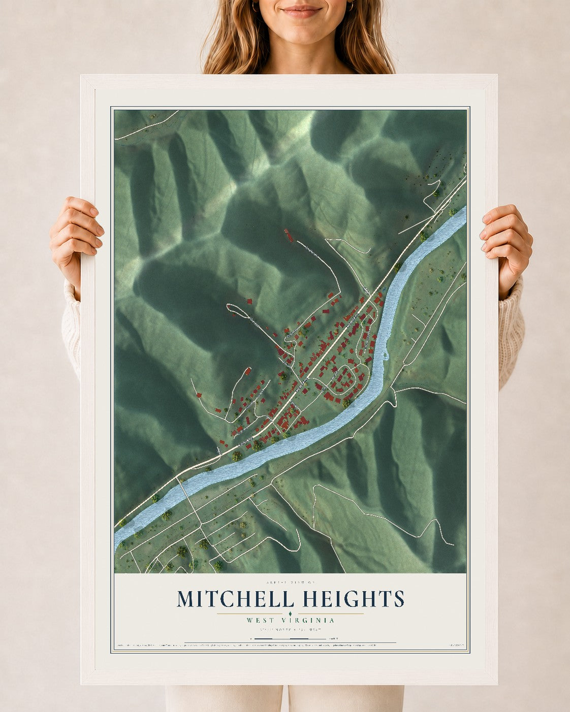 Map of Mitchell Heights, West Virginia, 24 x 36 inch print in a white wood frame