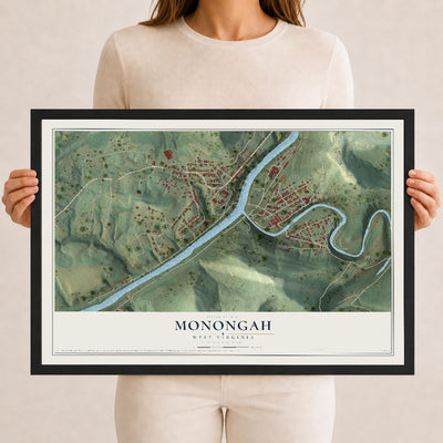 Map of Monongah, West Virginia, 12 x 18 inch print in a black wood frame