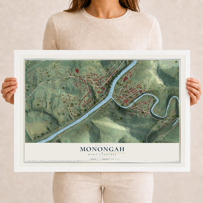 Map of Monongah, West Virginia, 12 x 18 inch print in a white wood frame