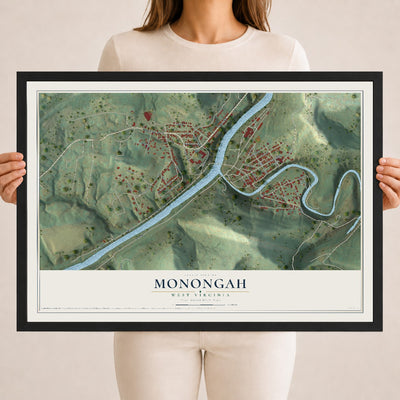 Map of Monongah, West Virginia, 18 x 24 inch print in a black wood frame