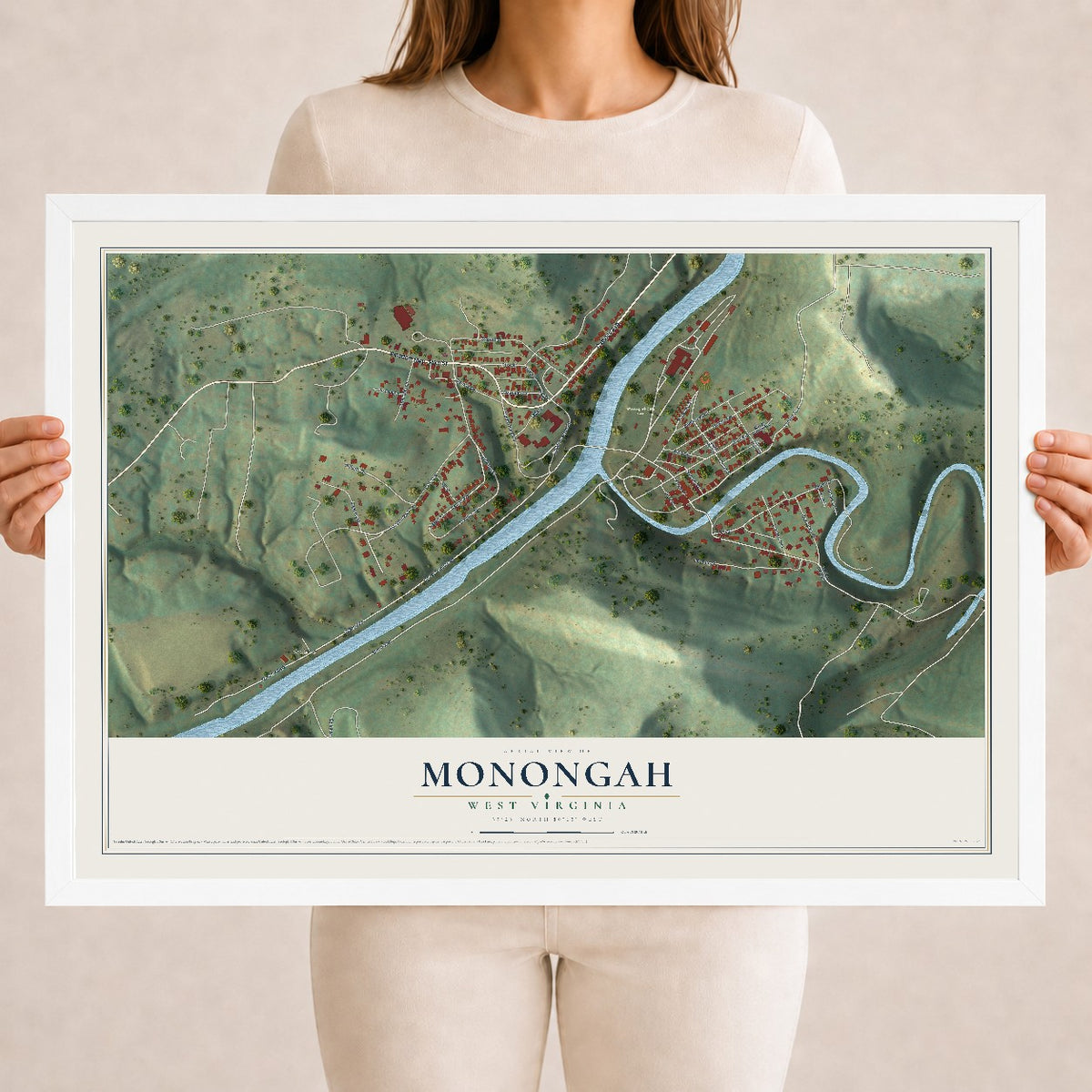 Map of Monongah, West Virginia, 18 x 24 inch print in a white wood frame