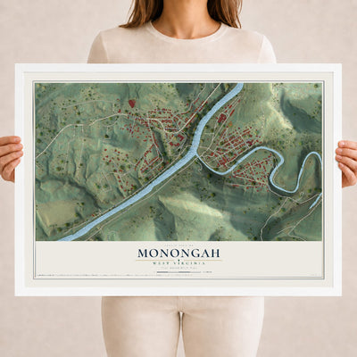Map of Monongah, West Virginia, 18 x 24 inch print in a white wood frame