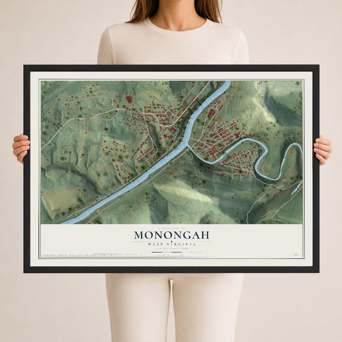 Map of Monongah, West Virginia, 24 x 36 inch print in a black wood frame