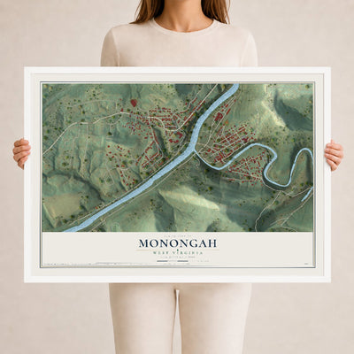 Map of Monongah, West Virginia, 24 x 36 inch print in a white wood frame