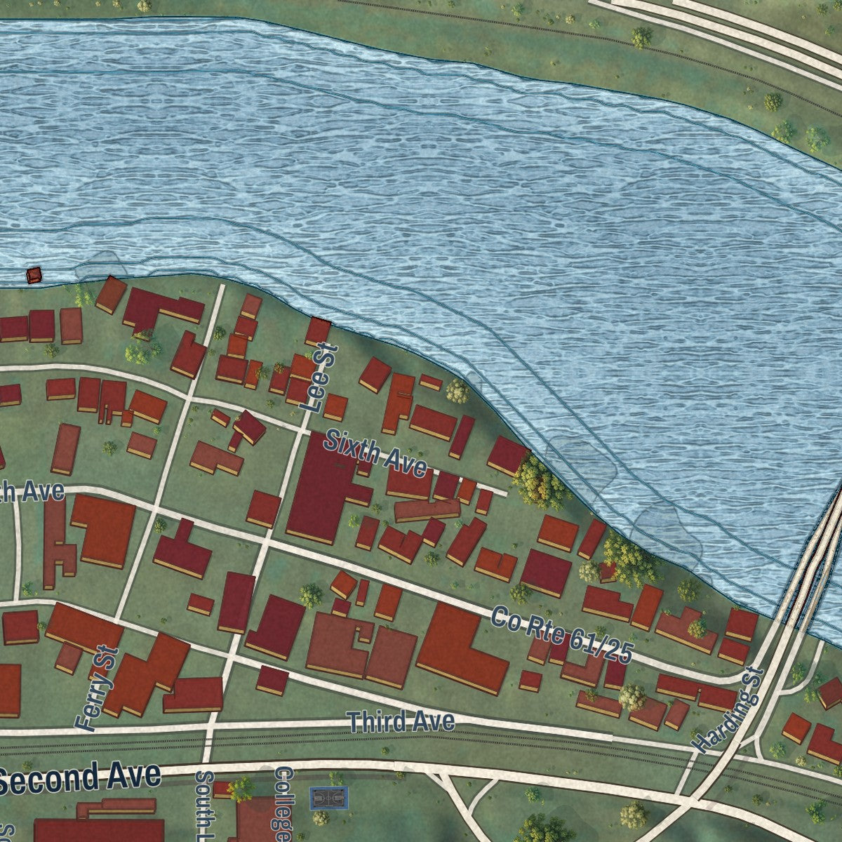 Close-up of the map of Montgomery, West Virginia print showing street and building detail