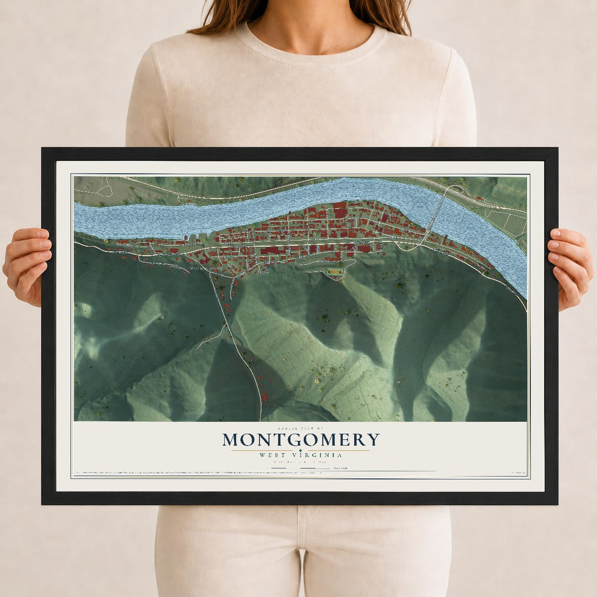 Map of Montgomery, West Virginia, 12 x 18 inch print in a black wood frame