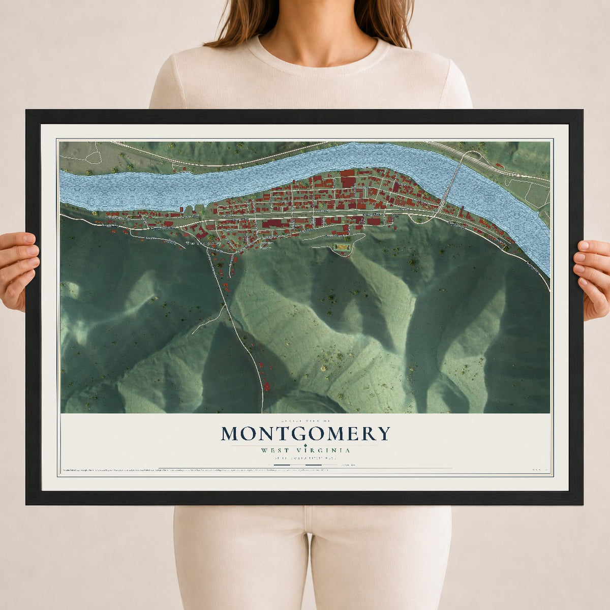 Map of Montgomery, West Virginia, 18 x 24 inch print in a black wood frame