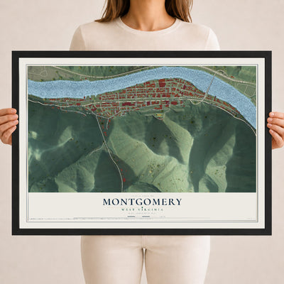Map of Montgomery, West Virginia, 18 x 24 inch print in a black wood frame
