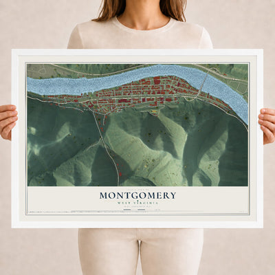 Map of Montgomery, West Virginia, 18 x 24 inch print in a white wood frame