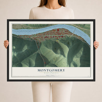 Map of Montgomery, West Virginia, 24 x 36 inch print in a black wood frame