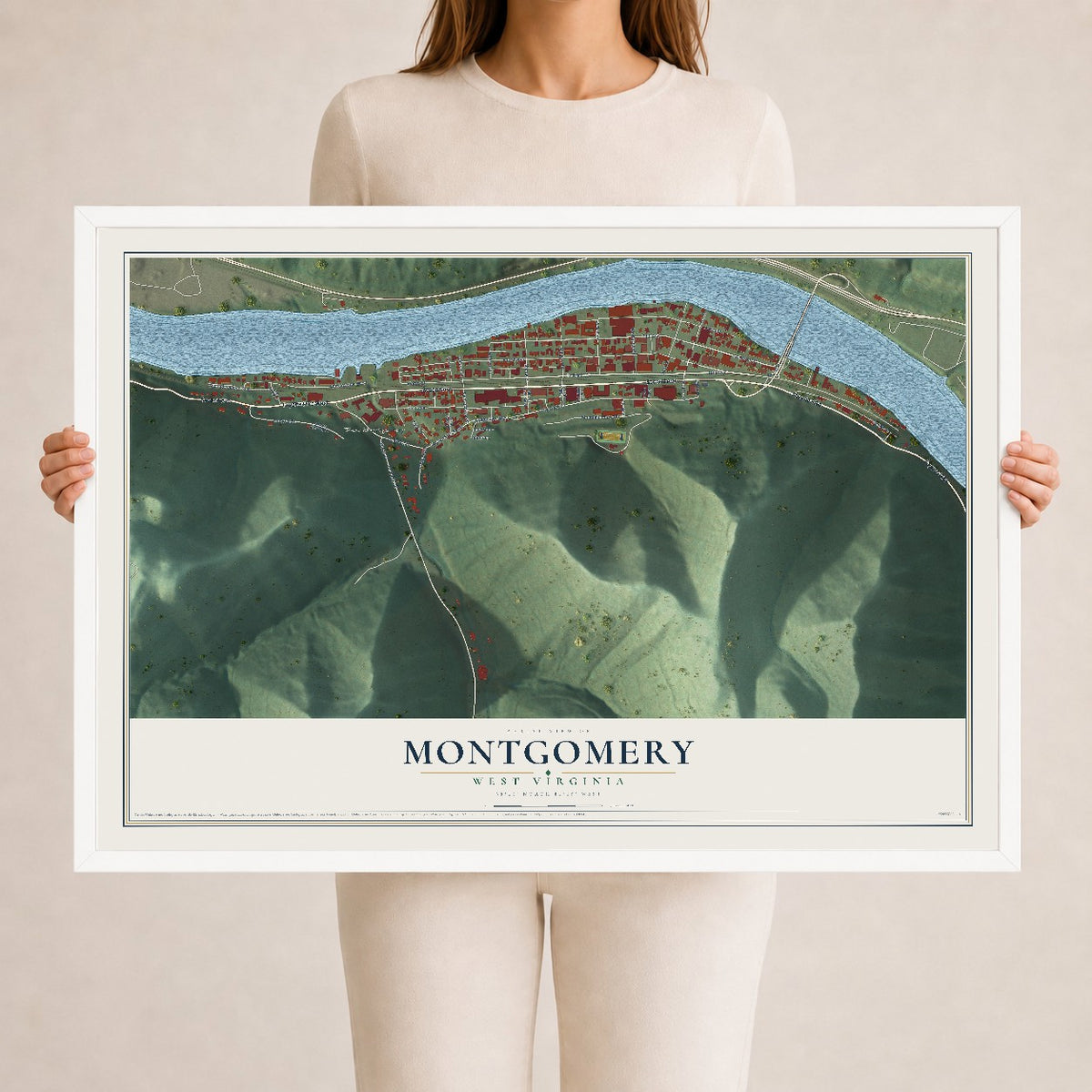 Map of Montgomery, West Virginia, 24 x 36 inch print in a white wood frame