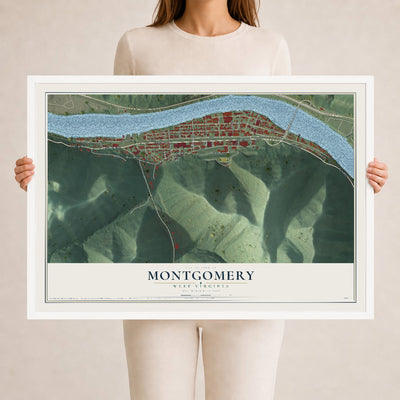 Map of Montgomery, West Virginia, 24 x 36 inch print in a white wood frame