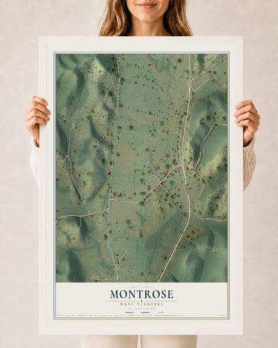 Map of Montrose, West Virginia, 24 x 36 inch print in a white wood frame