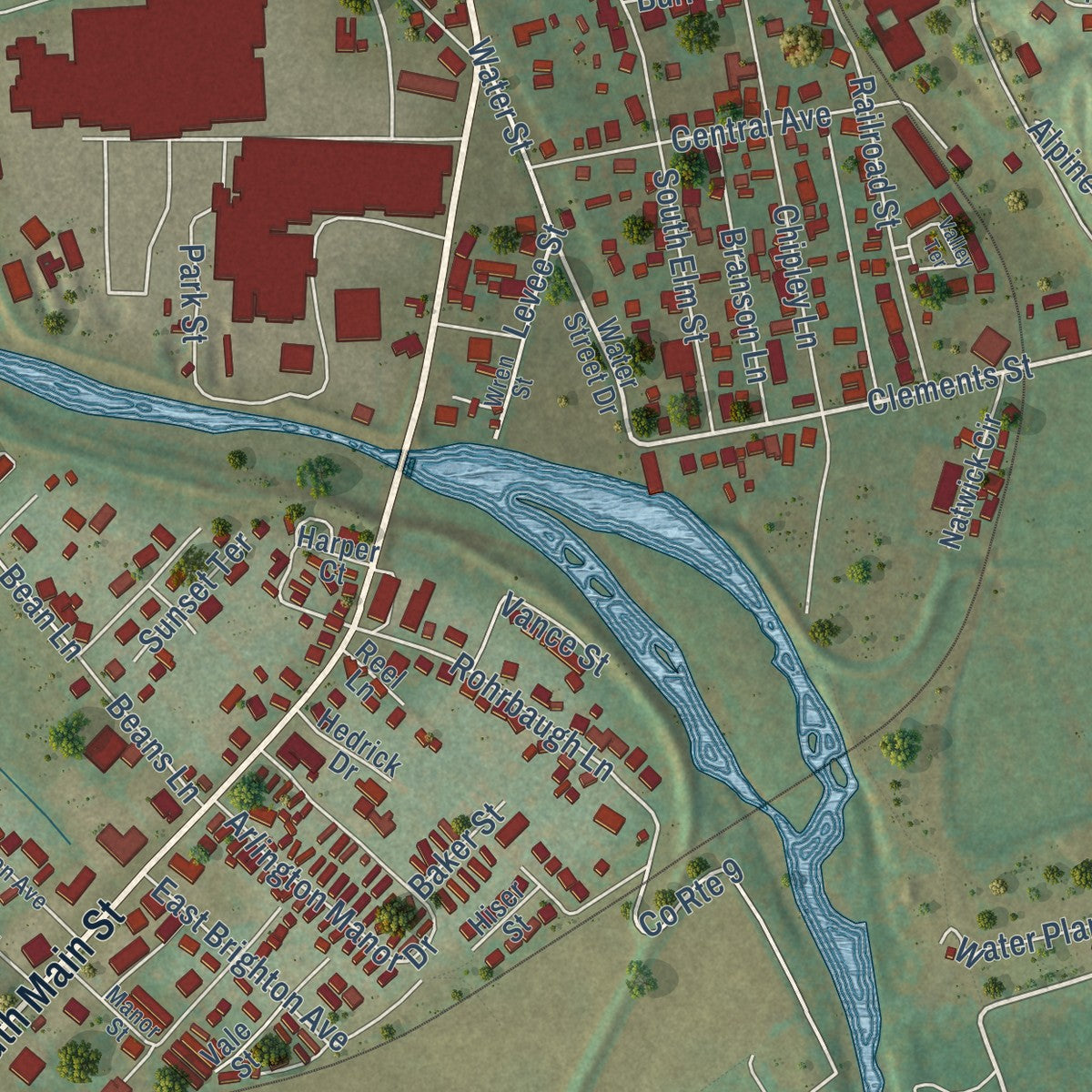 Close-up of the map of Moorefield, West Virginia print showing street and building detail