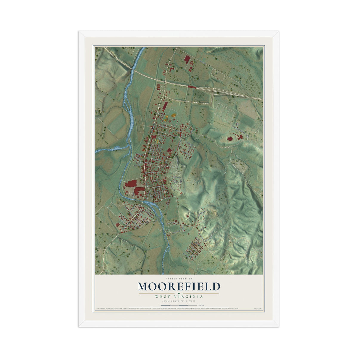 Map of Moorefield, West Virginia, 12 x 18 inch print in a white wood frame