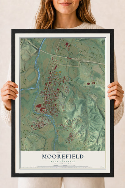 Map of Moorefield, West Virginia, 18 x 24 inch print in a black wood frame