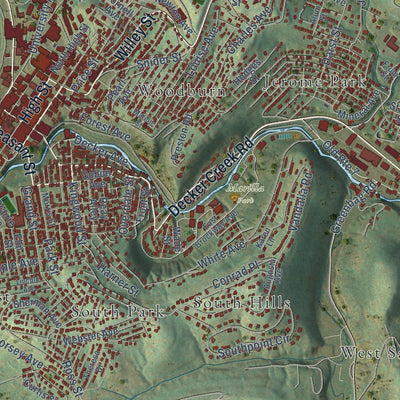 Close-up of the map of Morgantown, West Virginia print showing street and building detail