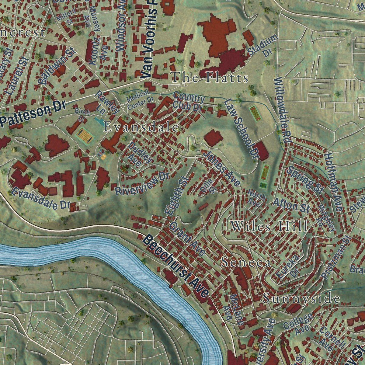 Second close-up of the map of Morgantown, West Virginia print showing more streets and buildings