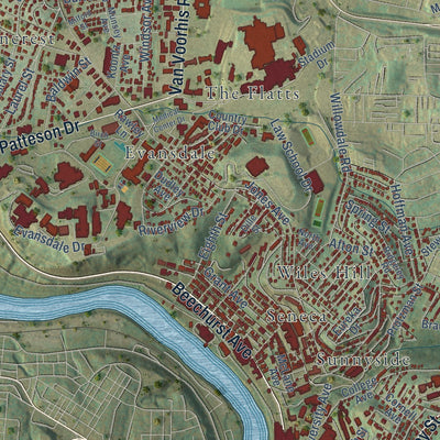 Second close-up of the map of Morgantown, West Virginia print showing more streets and buildings
