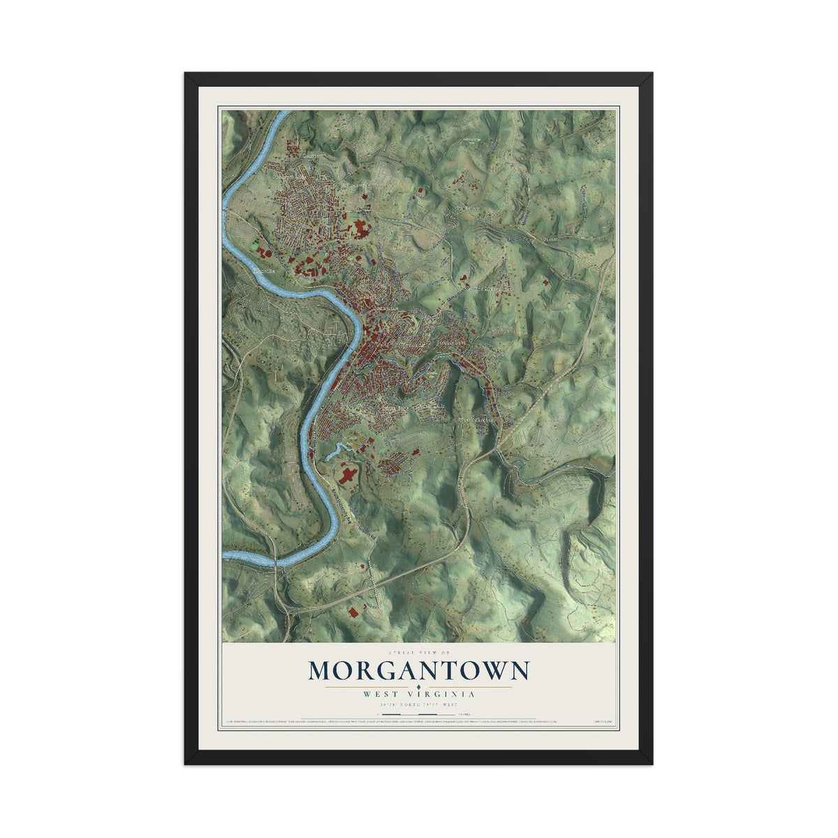 Map of Morgantown, West Virginia, 12 x 18 inch print in a black wood frame