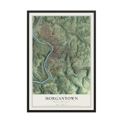 Map of Morgantown, West Virginia, 12 x 18 inch print in a black wood frame