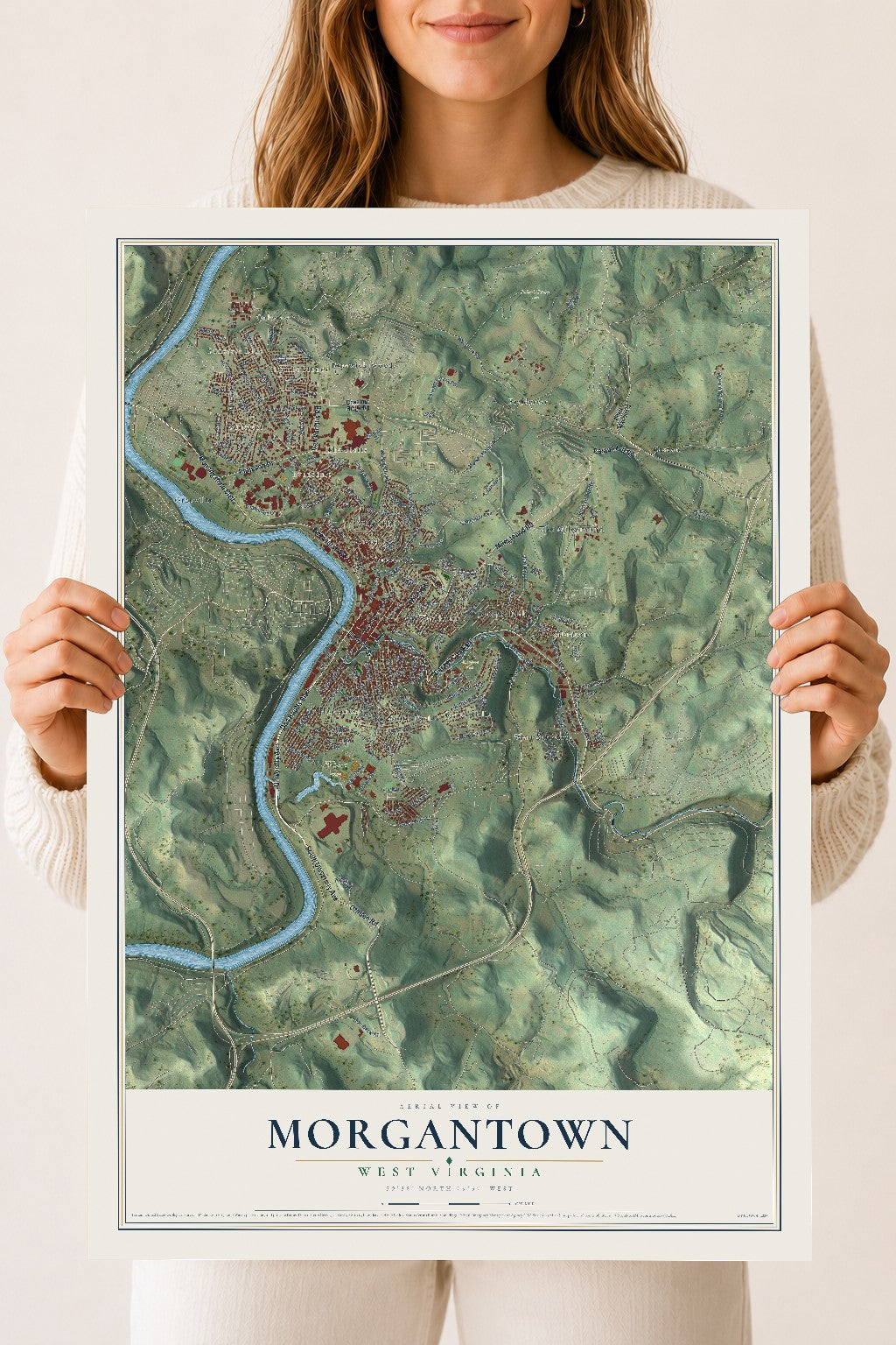Map of Morgantown, West Virginia, 18 x 24 inch unframed archival matte print