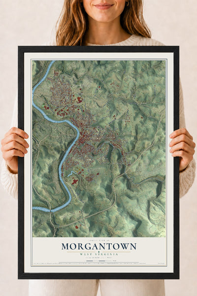 Map of Morgantown, West Virginia, 18 x 24 inch print in a black wood frame