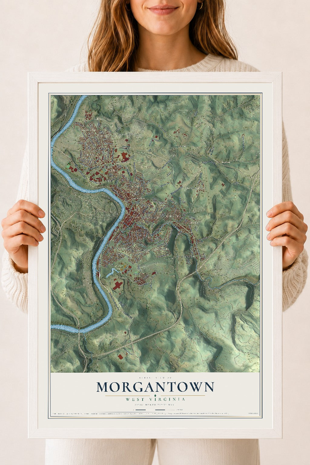 Map of Morgantown, West Virginia, 18 x 24 inch print in a white wood frame