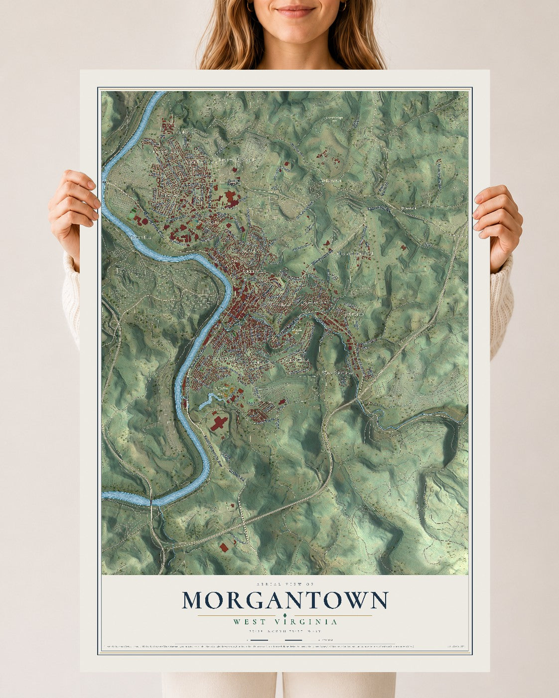 Map of Morgantown, West Virginia, 24 x 36 inch unframed archival matte print