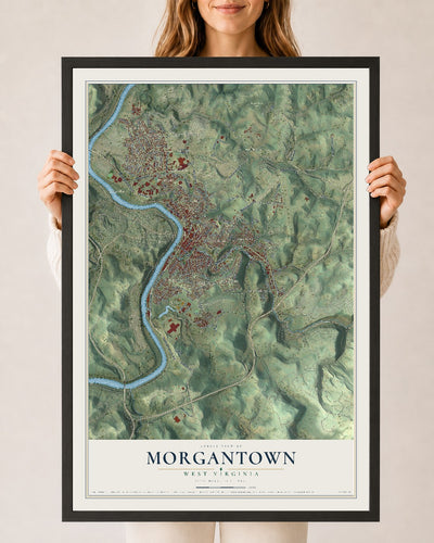 Map of Morgantown, West Virginia, 24 x 36 inch print in a black wood frame