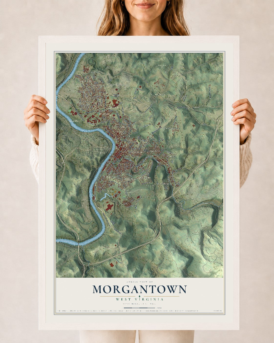 Map of Morgantown, West Virginia, 24 x 36 inch print in a white wood frame
