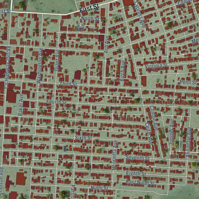 Close-up of the map of Moundsville, West Virginia print showing street and building detail