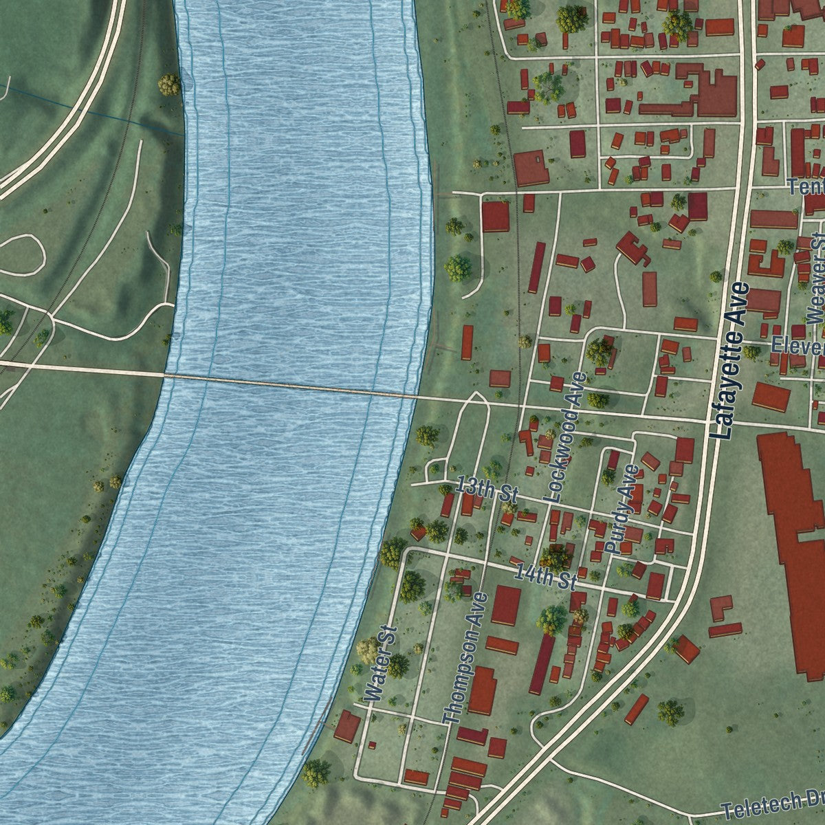 Second close-up of the map of Moundsville, West Virginia print showing more streets and buildings