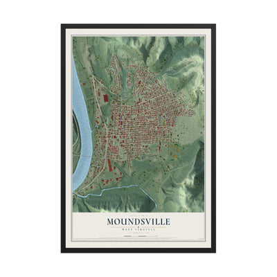 Map of Moundsville, West Virginia, 12 x 18 inch print in a black wood frame