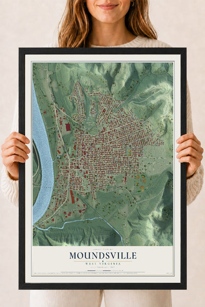 Map of Moundsville, West Virginia, 18 x 24 inch print in a black wood frame