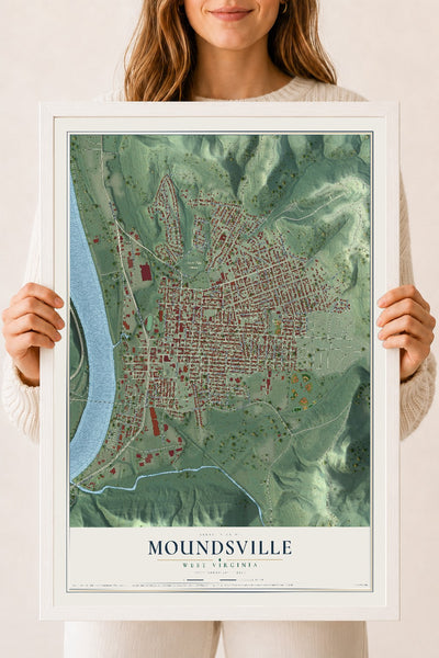 Map of Moundsville, West Virginia, 18 x 24 inch print in a white wood frame