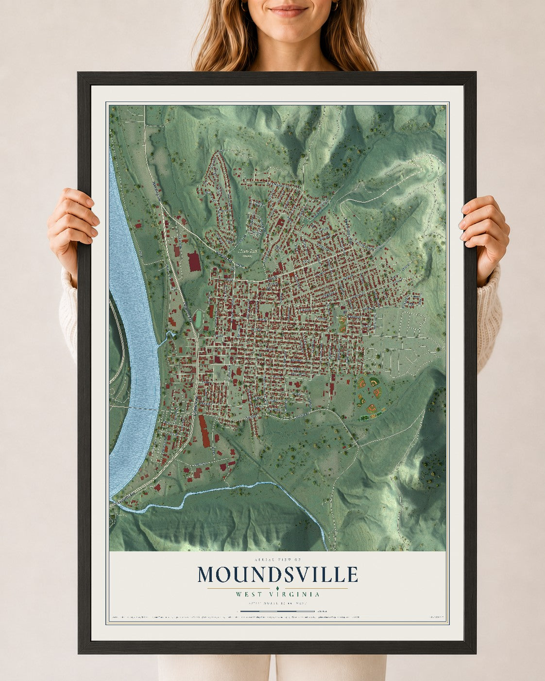 Map of Moundsville, West Virginia, 24 x 36 inch print in a black wood frame