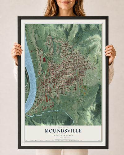 Map of Moundsville, West Virginia, 24 x 36 inch print in a black wood frame