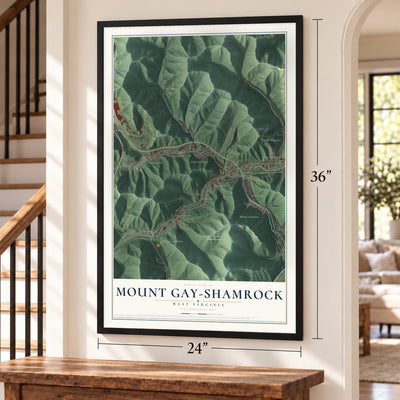 Mount Gay-Shamrock, West Virginia map, 24 x 36 inch print in a black frame by a staircase