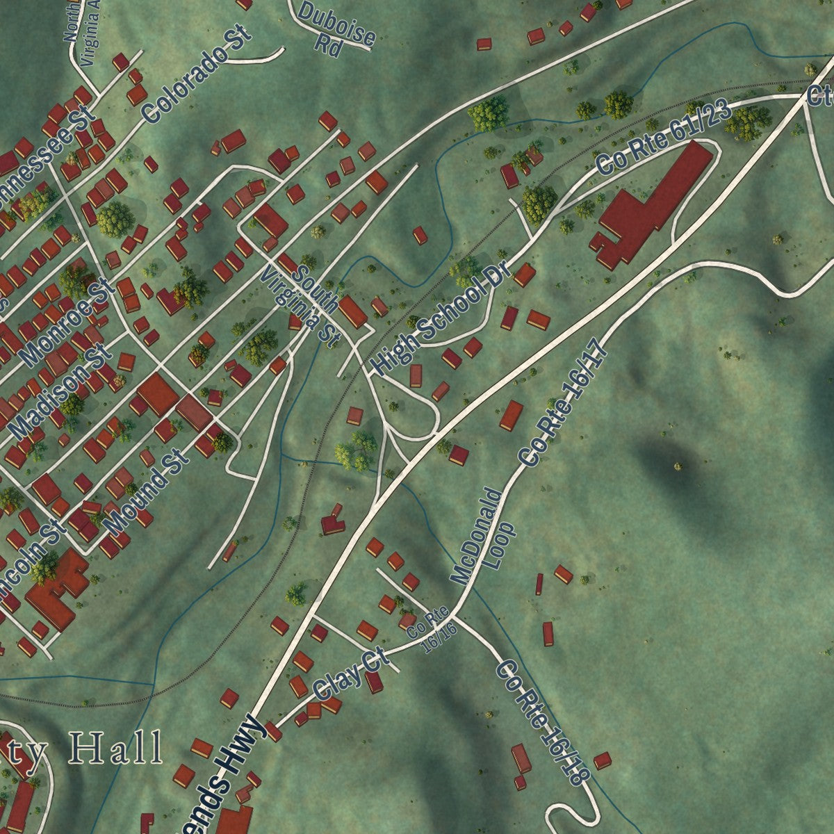 Second close-up of the map of Mount Hope, West Virginia print showing more streets and buildings